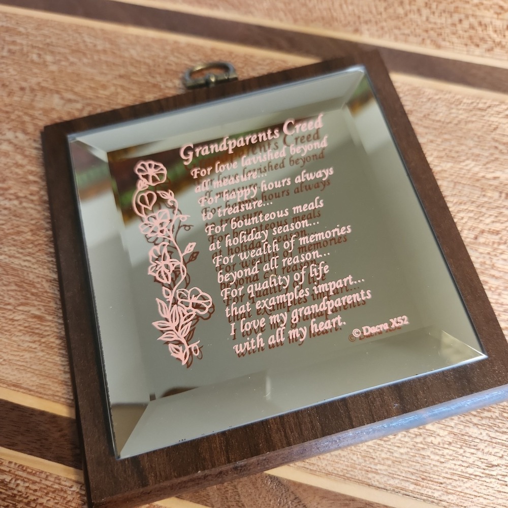 Vintage Dacra X52 Grandparents Creed Beveled Mirror Wall Plaque Floral Wood Gift